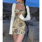 Hnewly Grunge Fairycore Print Tube Dress With Knitted Arm Sleeves Women’s Vintage Sexy Mesh Party